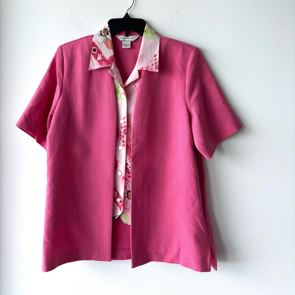 VTG Allison Daley Jacket Top 2fer Pink Floral Short Sleeve Women 8 Retro 90s